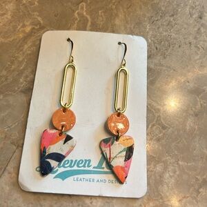 New on Card Eleven 10 genuine, leather and gold tone pierced drop earrings
